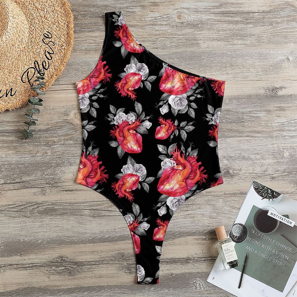 Rose And Heart Pattern Print One Shoulder Bodysuit