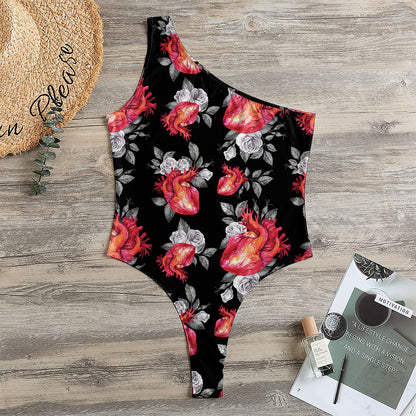 Rose And Heart Pattern Print One Shoulder Bodysuit