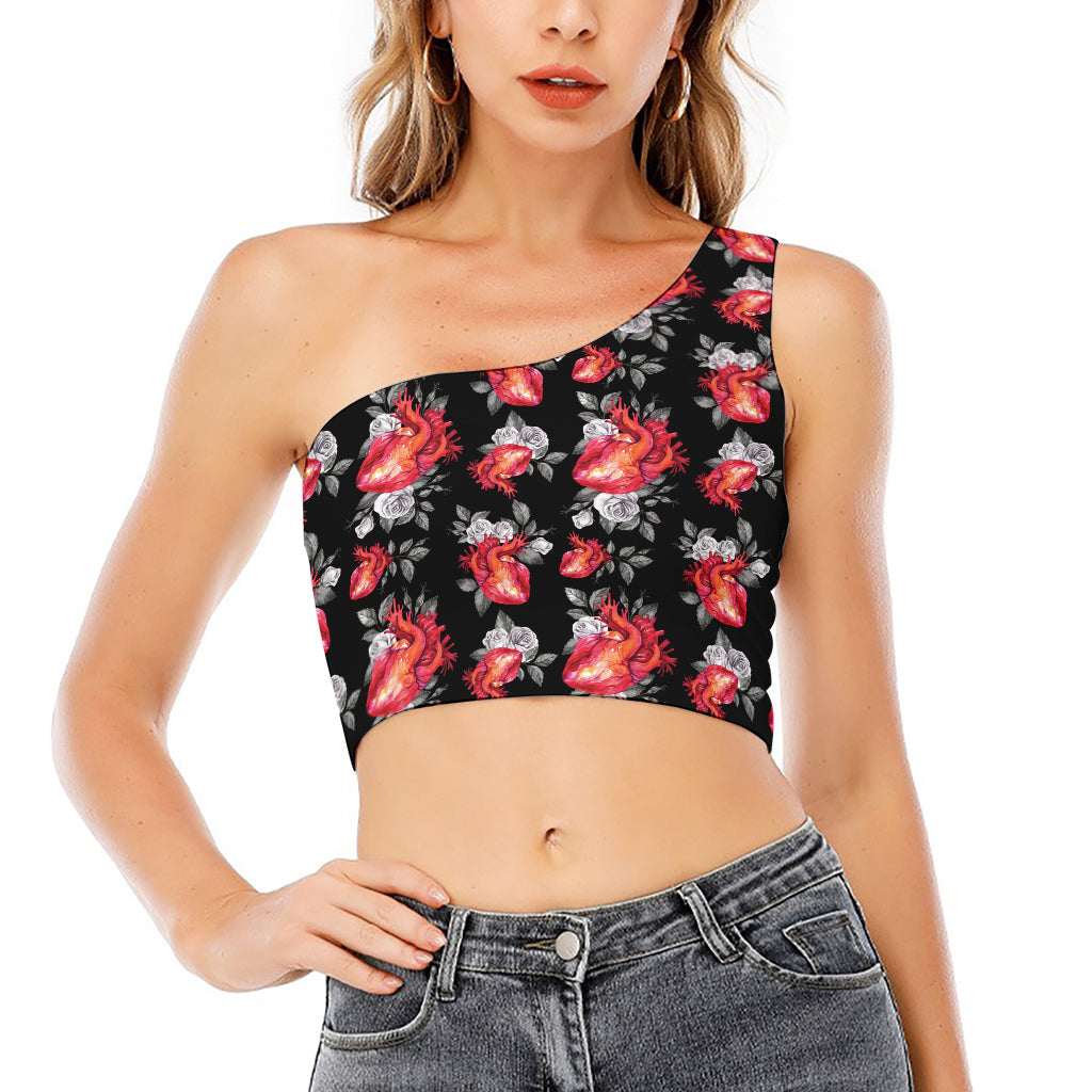 Rose And Heart Pattern Print One Shoulder Crop Top