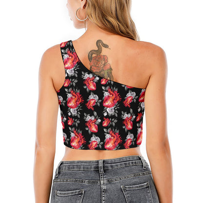 Rose And Heart Pattern Print One Shoulder Crop Top