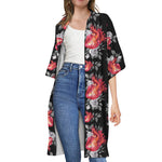 Rose And Heart Pattern Print Open Front Beach Cover Up