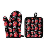 Rose And Heart Pattern Print Oven Mitt And Pot Holder Set