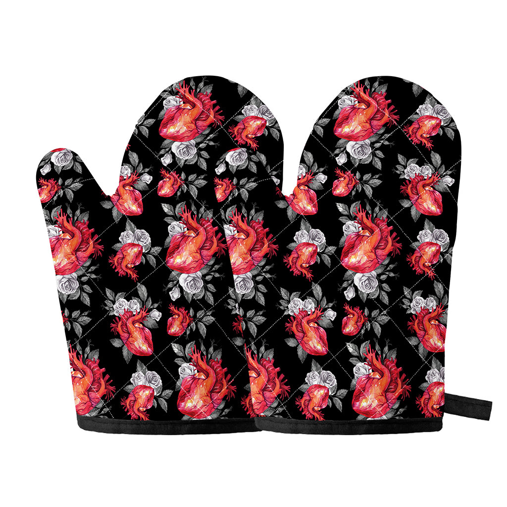 Rose And Heart Pattern Print Oven Mitts