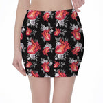 Rose And Heart Pattern Print Pencil Mini Skirt