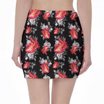 Rose And Heart Pattern Print Pencil Mini Skirt