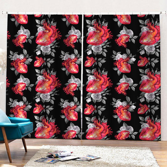Rose And Heart Pattern Print Pencil Pleat Curtains