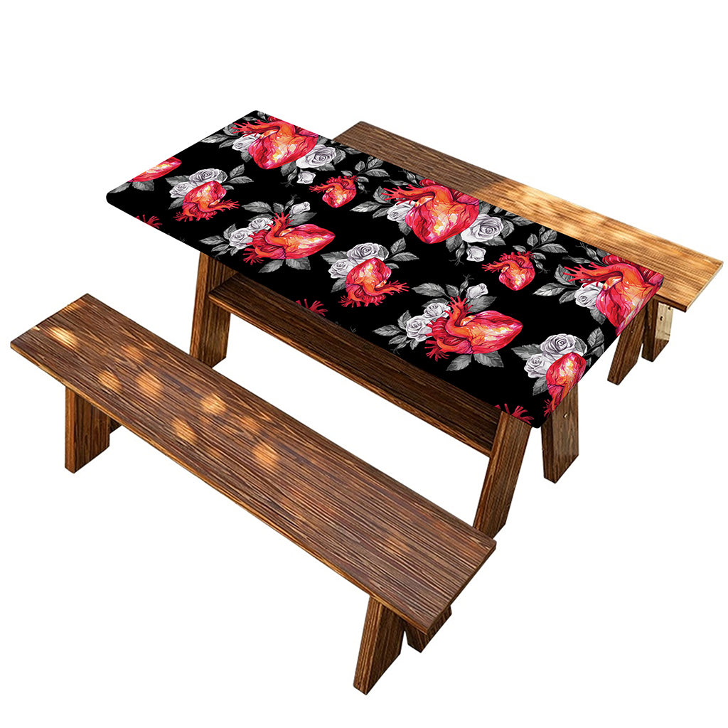 Rose And Heart Pattern Print Picnic Table Cover