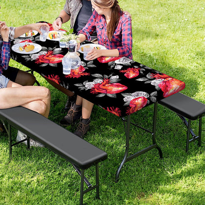 Rose And Heart Pattern Print Picnic Table Cover