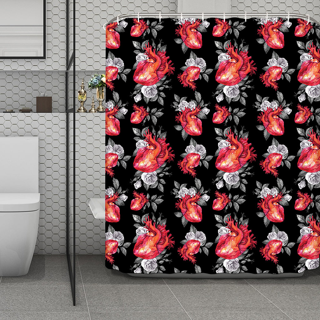Rose And Heart Pattern Print Polyester Shower Curtain