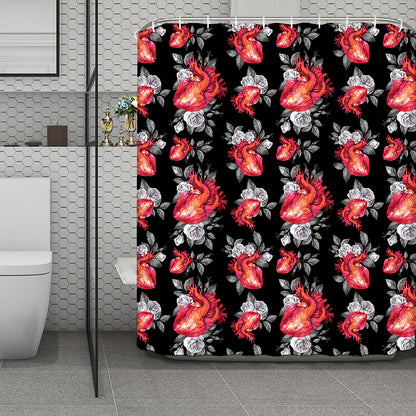 Rose And Heart Pattern Print Polyester Shower Curtain
