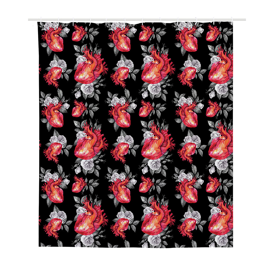 Rose And Heart Pattern Print Polyester Shower Curtain