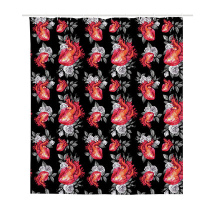 Rose And Heart Pattern Print Polyester Shower Curtain