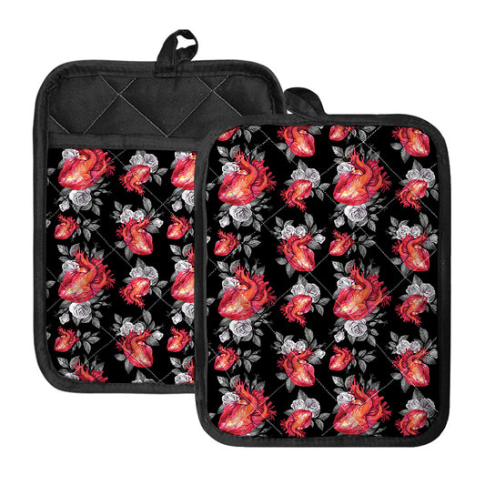 Rose And Heart Pattern Print Pot Holders With Pocket