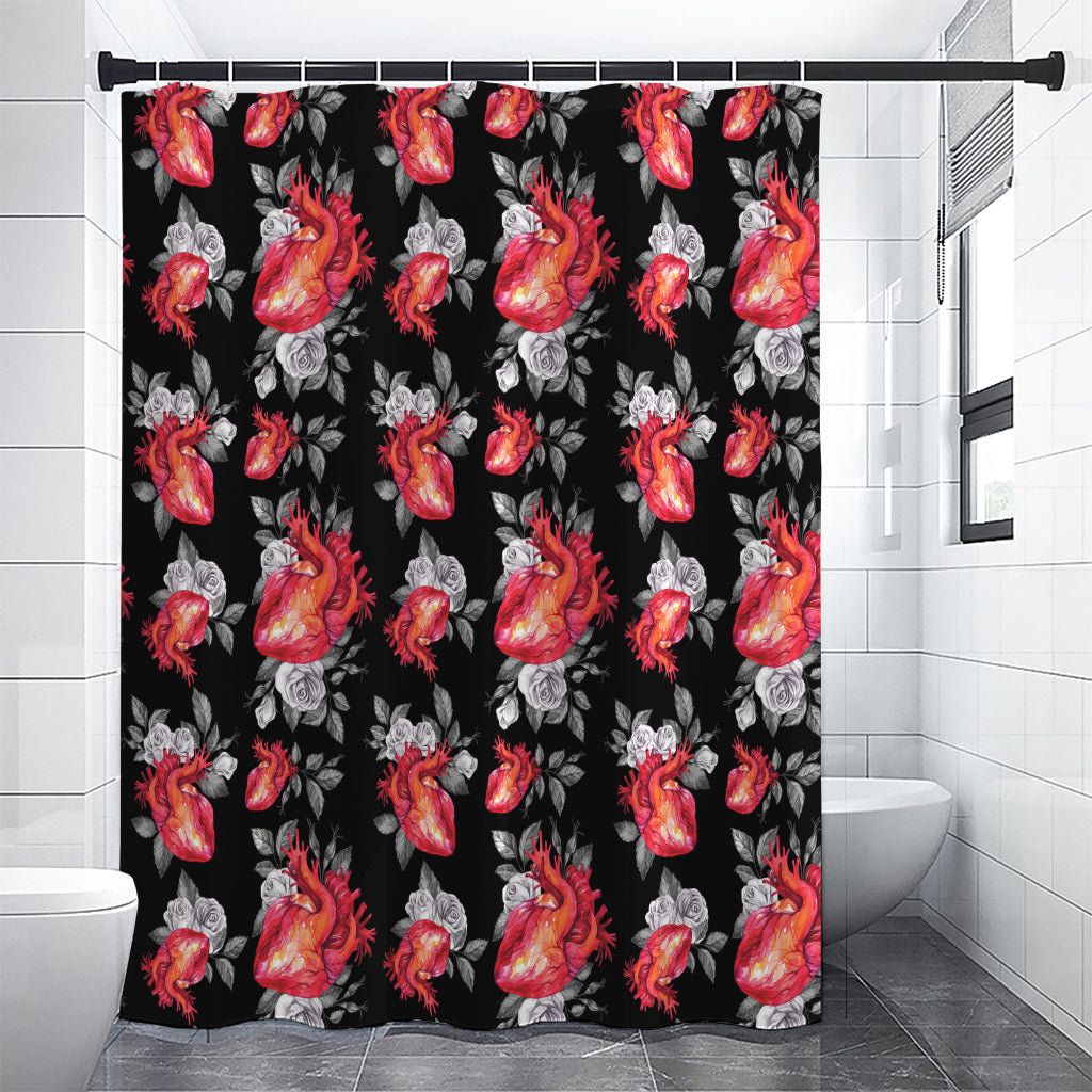 Rose And Heart Pattern Print Premium Shower Curtain