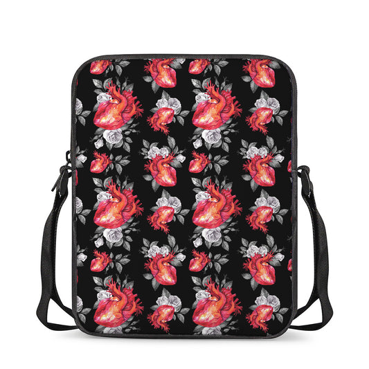 Rose And Heart Pattern Print Rectangular Crossbody Bag
