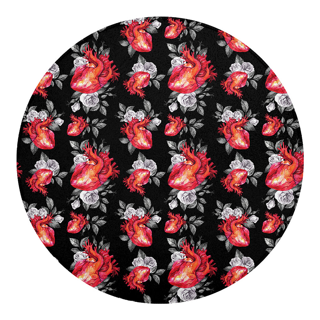 Rose And Heart Pattern Print Round Blanket