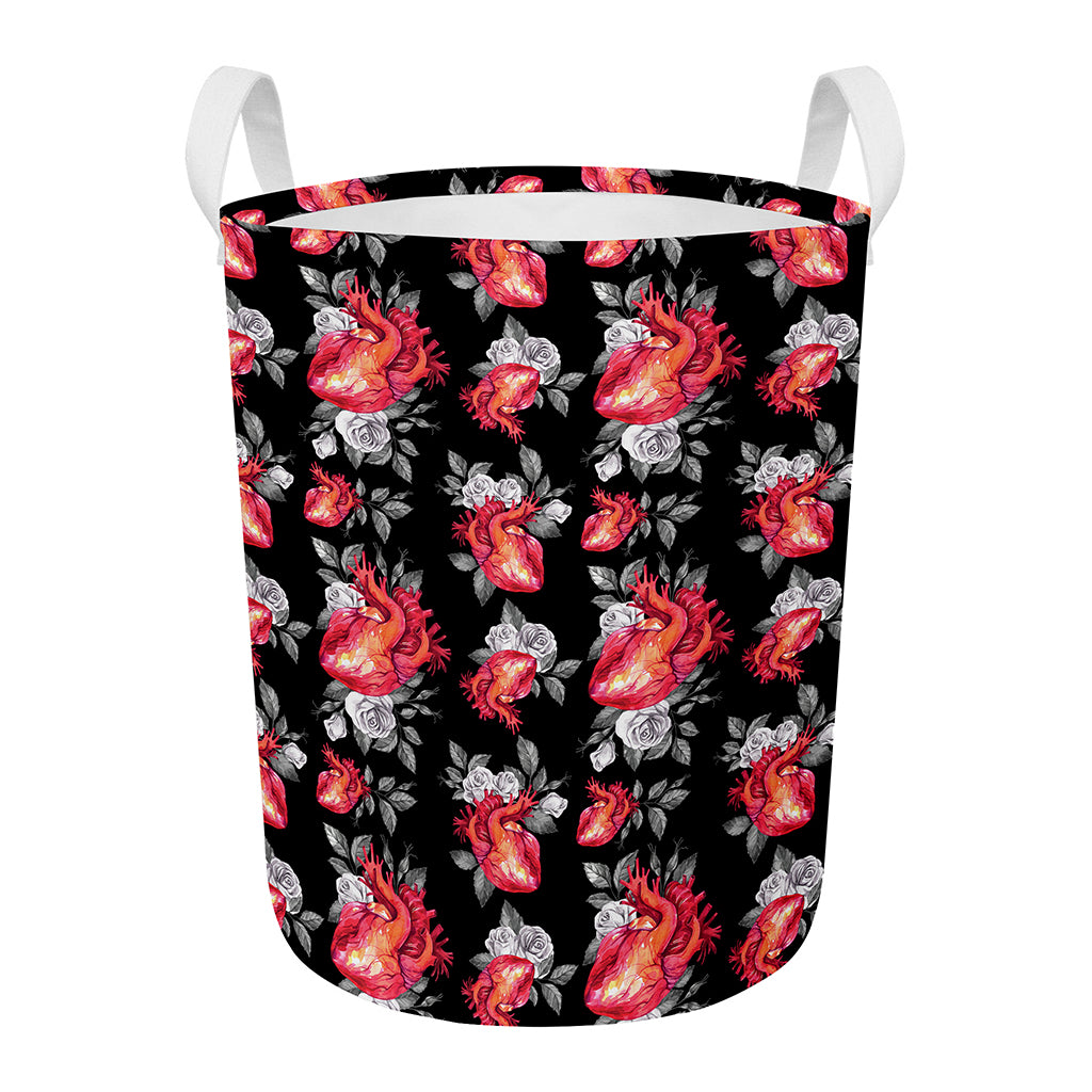 Rose And Heart Pattern Print Round Laundry Basket