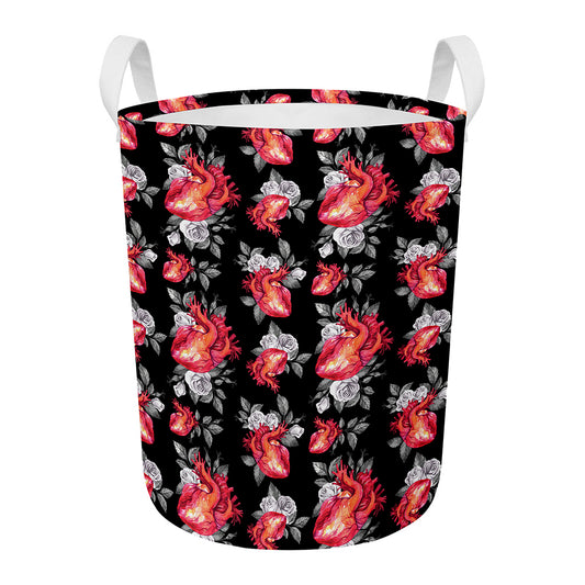 Rose And Heart Pattern Print Round Laundry Basket
