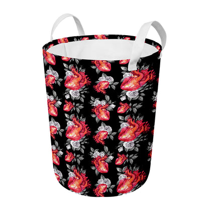 Rose And Heart Pattern Print Round Laundry Basket