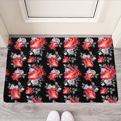 Rose And Heart Pattern Print Rubber Doormat