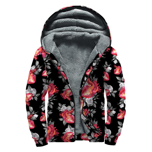 Rose And Heart Pattern Print Sherpa Lined Zip Up Hoodie