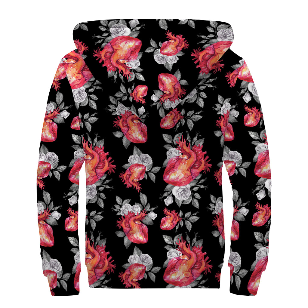 Rose And Heart Pattern Print Sherpa Lined Zip Up Hoodie