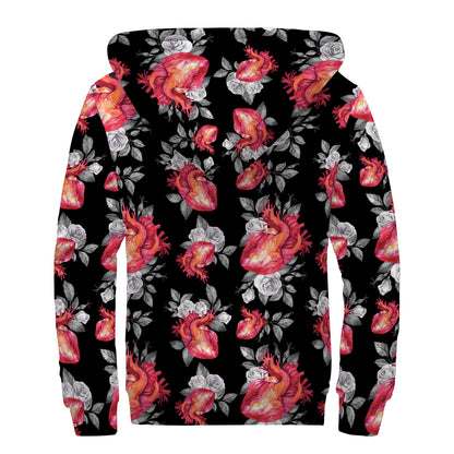 Rose And Heart Pattern Print Sherpa Lined Zip Up Hoodie