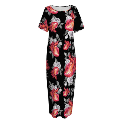 Rose And Heart Pattern Print Short Sleeve Long Nightdress