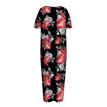 Rose And Heart Pattern Print Short Sleeve Long Nightdress