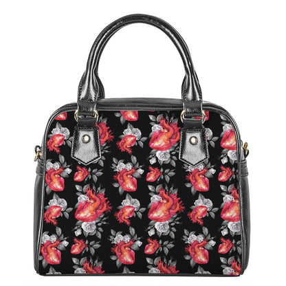 Rose And Heart Pattern Print Shoulder Handbag