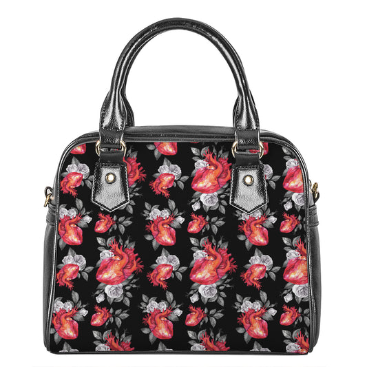 Rose And Heart Pattern Print Shoulder Handbag