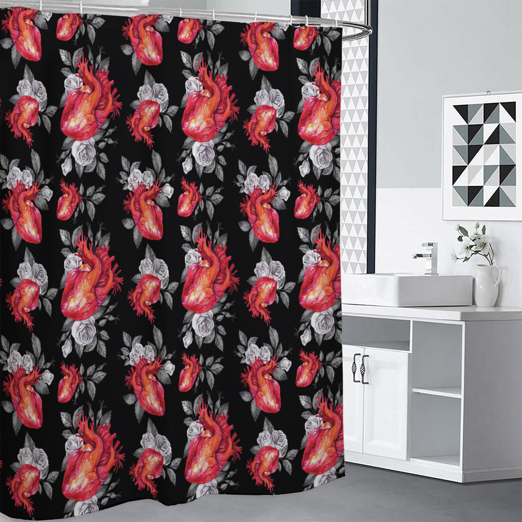 Rose And Heart Pattern Print Shower Curtain