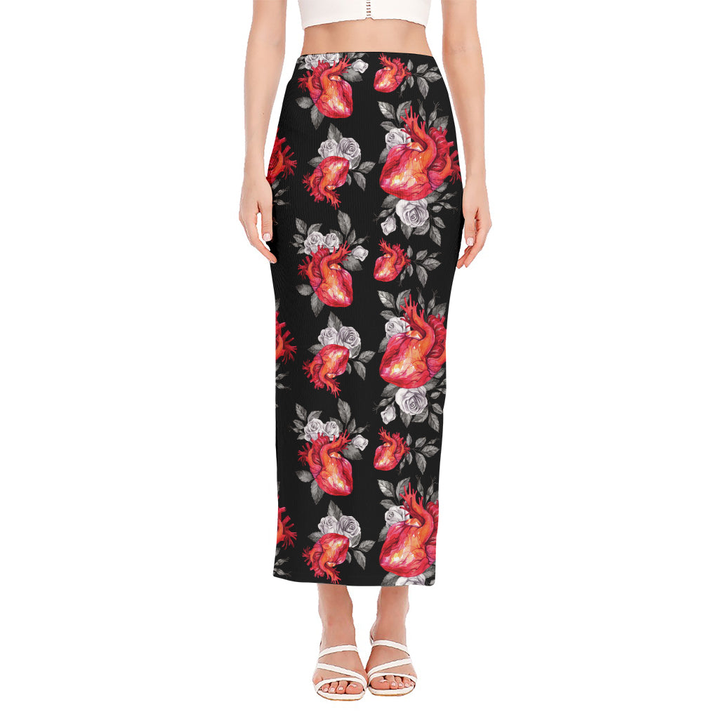 Rose And Heart Pattern Print Side Slit Maxi Skirt