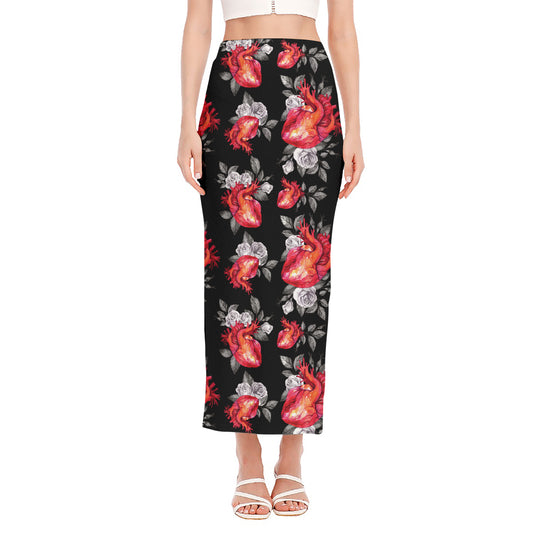 Rose And Heart Pattern Print Side Slit Maxi Skirt