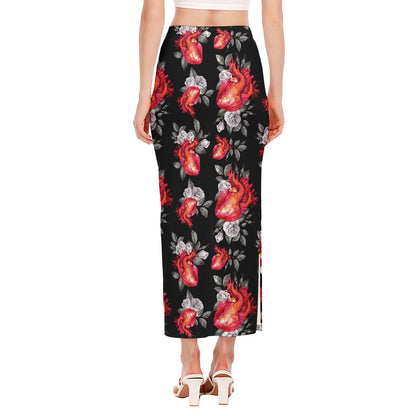 Rose And Heart Pattern Print Side Slit Maxi Skirt