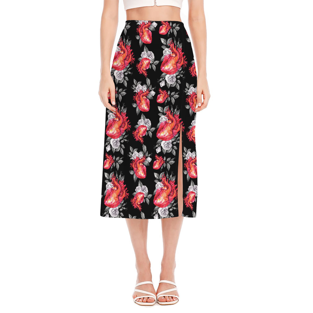 Rose And Heart Pattern Print Side Slit Midi Skirt