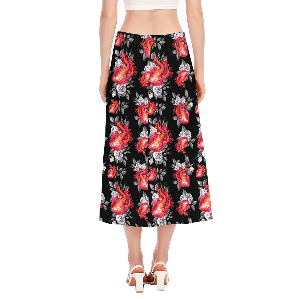 Rose And Heart Pattern Print Side Slit Midi Skirt