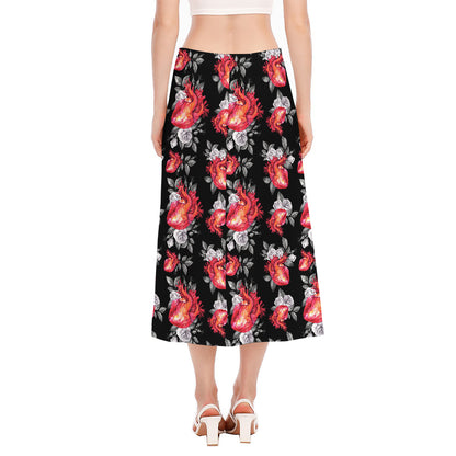 Rose And Heart Pattern Print Side Slit Midi Skirt