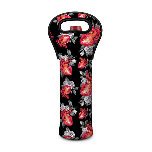 Rose And Heart Pattern Print Single Neoprene Wine Tote