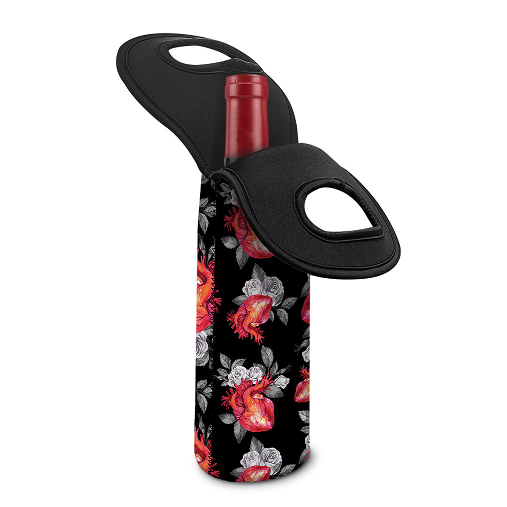 Rose And Heart Pattern Print Single Neoprene Wine Tote
