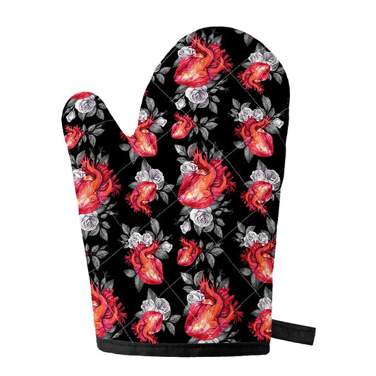 Rose And Heart Pattern Print Single Oven Mitt