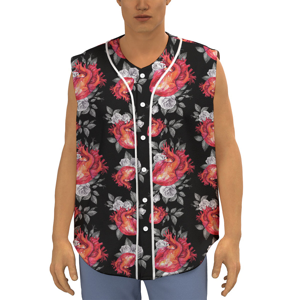 Rose And Heart Pattern Print Sleeveless Baseball Jersey