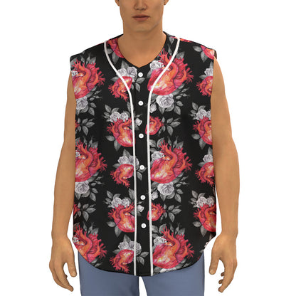 Rose And Heart Pattern Print Sleeveless Baseball Jersey