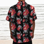 Rose And Heart Pattern Print Textured Short Sleeve Shirt