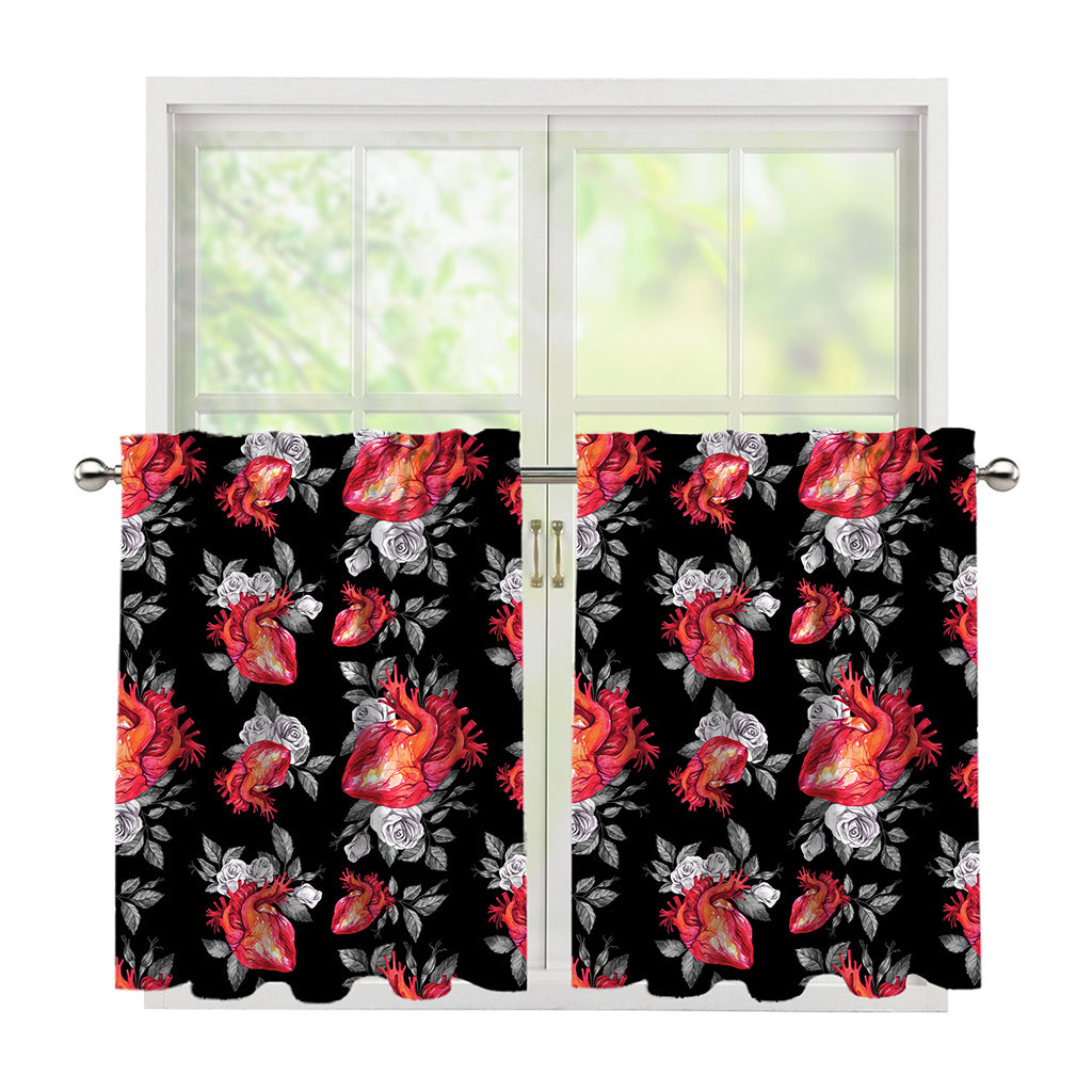 Rose And Heart Pattern Print Tier Curtains
