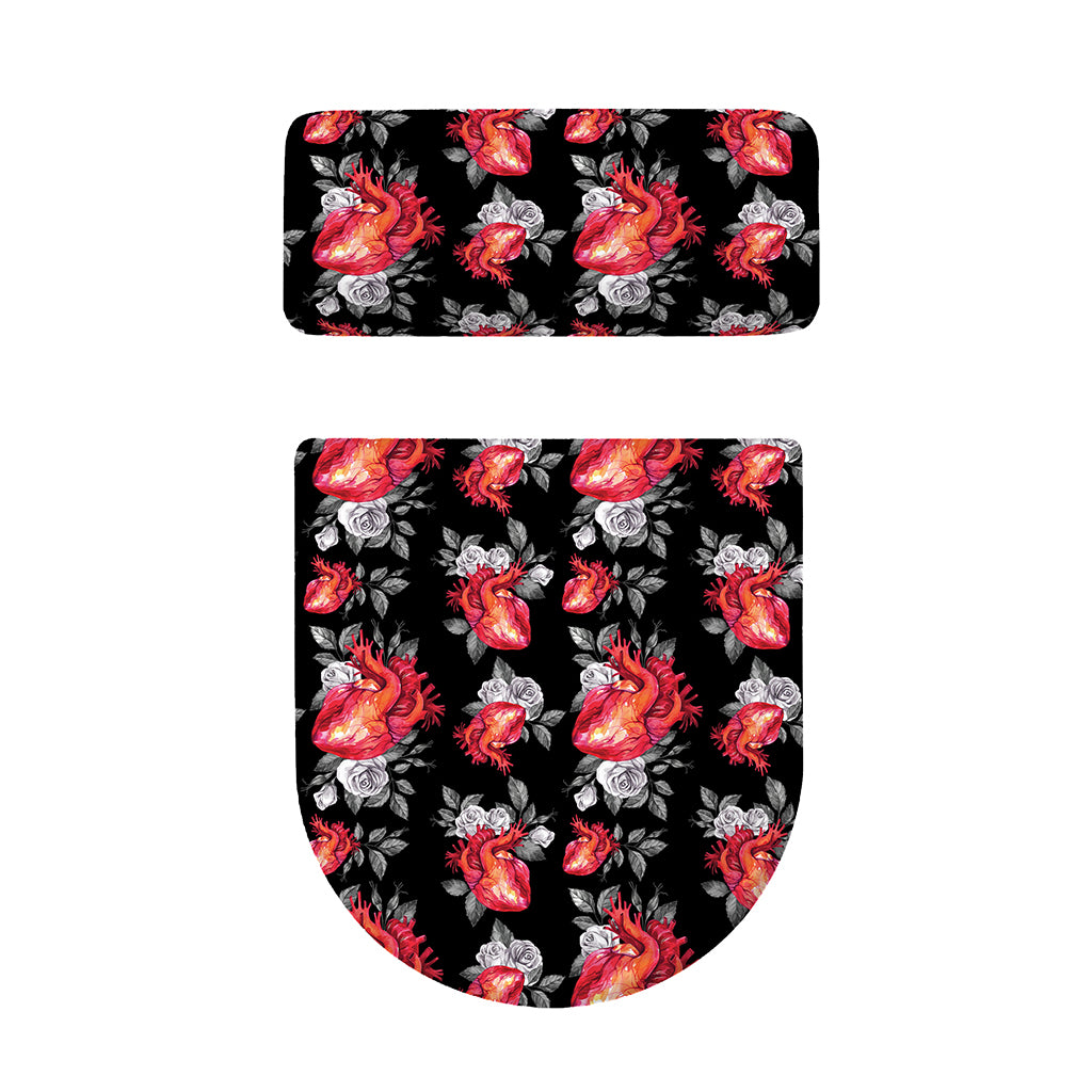 Rose And Heart Pattern Print Toilet Lid And Tank Cover Set