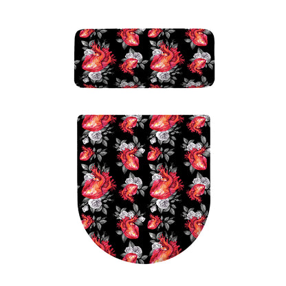 Rose And Heart Pattern Print Toilet Lid And Tank Cover Set