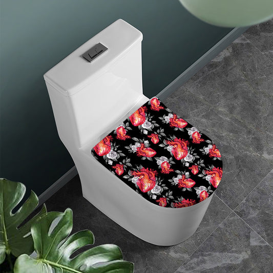 Rose And Heart Pattern Print Toilet Lid Cover