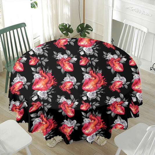 Rose And Heart Pattern Print Waterproof Round Tablecloth