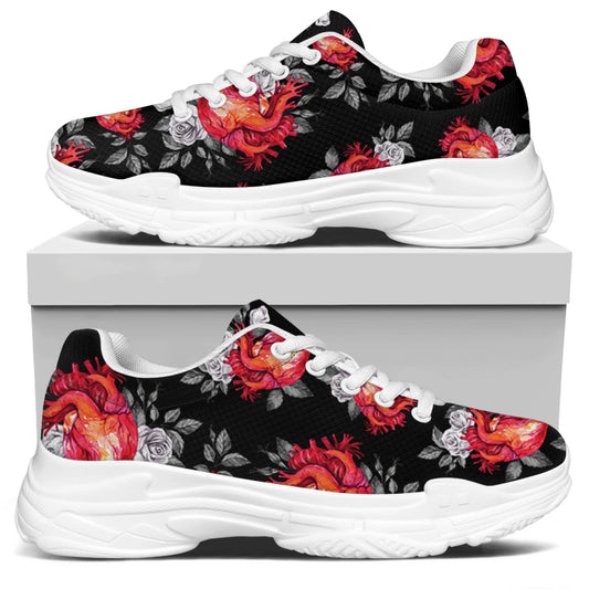 Rose And Heart Pattern Print White Chunky Shoes